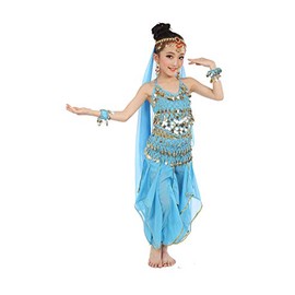 Cielary - Conjunto de disfraz de danza del vientre para niños y niñas, conjunto de disfraz de harén con cadena de velo de cabeza, cintura y pulseras, color azul lago M