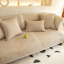 vctops Farmhouse Geometric Embroidered Couch Sofa Cover Cotton Quilted Sectional Couch Cover Non-Slip Sofa Slipcover Furniture Protector for Kids, Dogs, Cats (Khaki,36"x70")