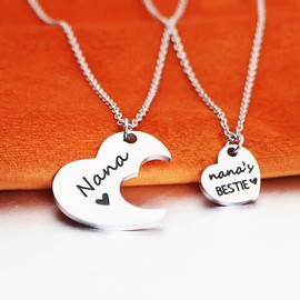 Meibai Gigi and Gigi's Bestie Necklace Set Matching Heart Pendant for Grandma Granddaughter Mimi Nana Necklace Grandma and Me Gift (Nana & Nana's Bestie-Silver)
