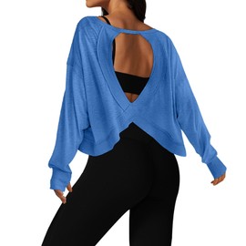 UNIANKIYA Open Back Workout Tops for Women Long Sleeve Cropped Athletic Clothes Gym Running Yoga Low Impact Sports T Shirts Blue