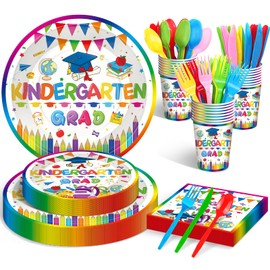 175 Pcs Kindergarten Graduation Tableware Set Party Supplies - Serves 25, Colorful Kindergarten Grad Disposable Plates, Cups, Napkins, Forks, Spoons, Knives for Kids School Graduation Decorations