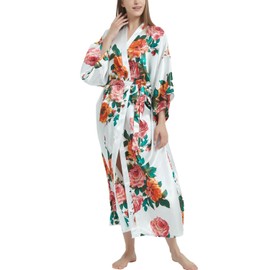 Getitsoon Women's Kimono Robe Long Dressing Gown Satin Cardigan Printed Robes Bridesmaid Bridal