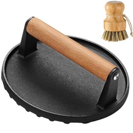 Smash Burger Press, 7" Cast Iron Smash Burger Press, 2.2 lb Heavy-Duty Cast Iron Hamburger Smasher Tool Grill Press with Palm Brush, Bacon Press for Skillet, Meat Press, Bacon Press for Griddle