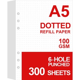 (3 Pack) A5 Dotted Paper, Refills for Filofax Planner/Binders/Organizer, 6 Hole Punched, 300 Sheets/600 Pages Filler Paper, 100gsm, 5.8'' x 8.2''