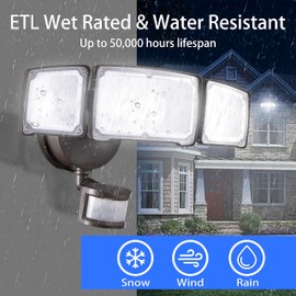 AWSENS Upgraded 3 Head LED Security Lights with Motion Sensor, 40W, 3800LM, Motion Security Light, 5000k, ETL Water Resistant, Motion Detected Flood Light for Garage, Yard, Porch (Bronze)