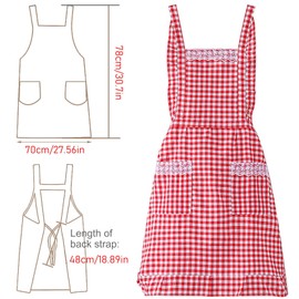 YHSKJCD Classic Vintage Apron for Women, Red and White Gingham Apron with 2 Pockets, Cotton Kitchen Apron for Cooking Baking Gardening, Gifts for Mom Wife Girlfriend Grandma