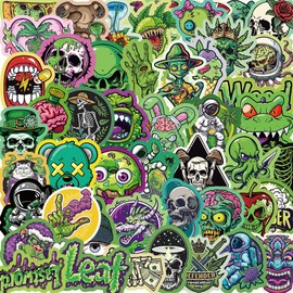 50 Pcs Green Graffiti & Gothic Art Stickers – Alien, Skull, Zombie, Retro Designs for Laptops, Water Bottles, Skateboards – Bold Aesthetic Decals for Teens, Adult