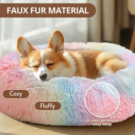 JOLLYVOGUE Small Calming Dog Bed, Anti-Anxiety Donut Cuddler Cat Bed with Anti-Slip Bottom, Fluffy Faux Fur Machine Washable Pet Cushion for Small Medium Dog & Cat, 20"/Rainbow