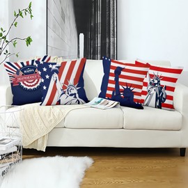 Aoihrraan Cushion Covers Set of 4, America Throw Pillow Covers Statue of Liberty Red Blue Stripe Flag Soft Short Plush Square Pillowcase for Sofa Couch Bedroom Car Chair Home Decor 24"x24"