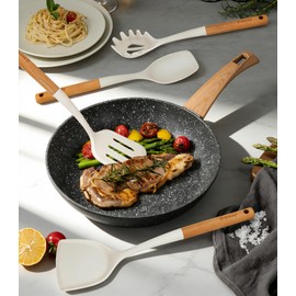 Large Silicone Kitchen Utensils Set, 6 PCS Nonstick Cooking Utensils Set with Wooden Handle, Heat Resistant and BPA Free Silicone Utensil Spatula Set for Cooking with Turner, Spoon and Ladle(White)