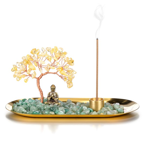 Jovivi Crystal Incense Holder for Sticks, Citrine Healing Crystal Stone Money Tree Buddha Statue Set Incense Burner, Incense Trays for Wealth, Good Luck,Yoga Meditation Home Decor