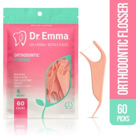 Dr. Emma Orthodontic Flossers for Braces, Ortho Dental Floss Picks, Mint Flavor 60 Count/Bag, Pink, 1 Pack