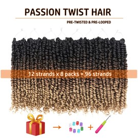 Passion Twist Hair 14 Inch 8 packs Pre-twisted Passion Twist Crochet Hair for Women Pre-looped Water Wave Crochet Braids Bohemian Curly Crochet Hair Synthetic Hair Extensions, 1B/30/27
