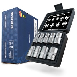 HASKYY External Torx Socket Set 1/2 Inch E-Profile Set E10 - E24 Socket Spanner Inserts 9-Piece Sockets for Torx External Screws Car Tool in Assortment Box