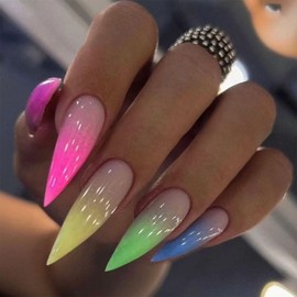 IMRAIN Colorful Ombre Press on Nails Long Stiletto Fake Nails Gradient Artificial False Nails Glossy Pink, Yellow, Green, Blue Acrylic Nails Glue on Nails Full Cover Spring Stick on Nails