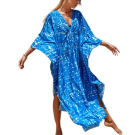 Baynetin Women's Kaftan, Maxi Long Beach Dress, Boho Beach Poncho, Caftan Beachwear, Print, Loose Sleepwear, Bikini, Cover-Up, One Size, blue