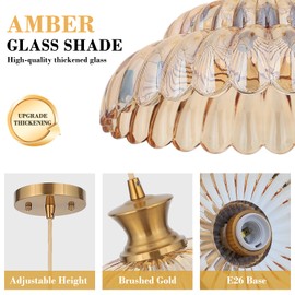 Mgcanyu Amber Glass Pendant Lights, 11.8" Brushed Gold Lighting Glass Light Fixtures Modern Amber Chandelier Vintage Hanging Ceiling for Kitchen Island Dining Room Restaurant Bedroom Foyer Entryway