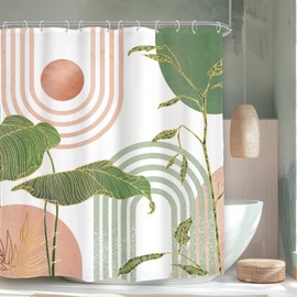Glawry Pink and Green Boho Shower Curtain Abstract Mid Century Palm Tree Leaves Bathroom Minimalist Tropical Modern 60Wx72L Inches Bath Accessories Art Home Decor Fabric 12 Pack Hook