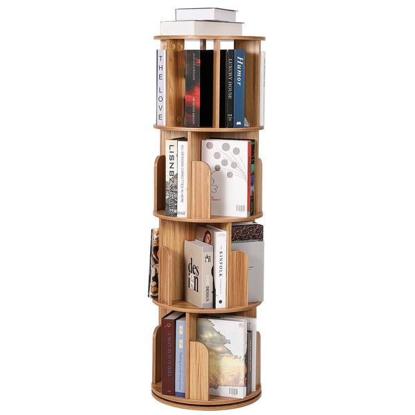 Garvee Wooden Rotating Bookshelf 4 Tier, 360° Floor Standing Bookcase