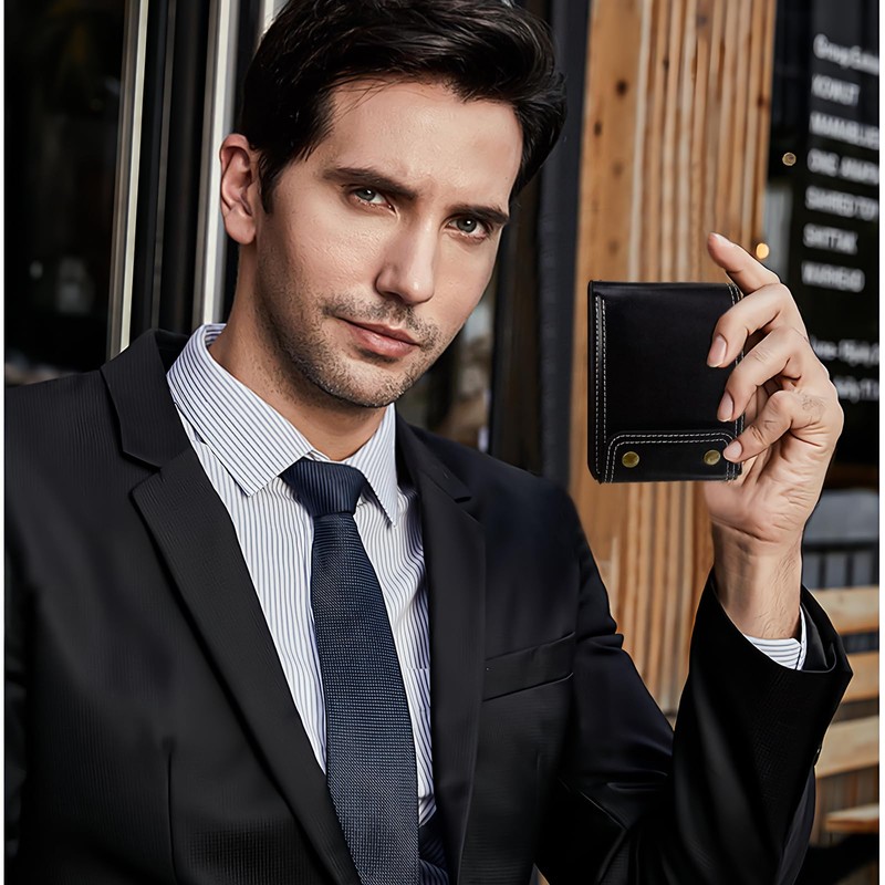AdiStylinno Bifold Wallets, Fashion Double-Button Mens Wallet Foldable PU Leather