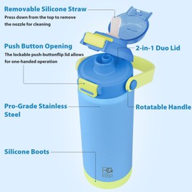 BOGI Metal Water Bottle with Straw, 720ml Stainless Steel Water Bottle for Sports Travel Gym Leak Proof Insulated Water Bottle with 2-in-1 Duo Lid for Boys Girls Keep Drinks 12h Hot & 24h Cold | Blue