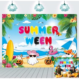 Happy Summerween Backdrop Spooky Skull Summer Beach Background