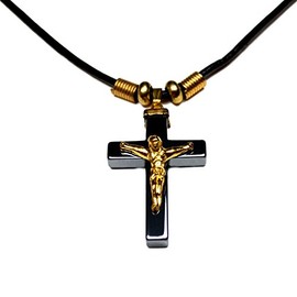 Accents Kingdom 18" Men's Hematite Goldtone Crucifix Cross Pendant Leather Cord Necklace