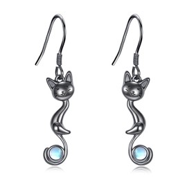Black Cat Earrings Sterling Silver Black Cat Dangle Earrings Cute Animal Jewellery Gifts for Women