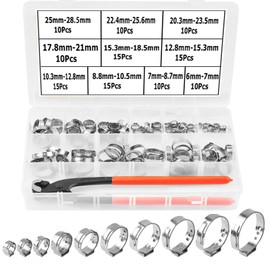 Alfykym 131Pcs 1/4" - 1" Single Ear Hose Clamps with Ear Clamp Pincer PEX Cinch Clamps Stainless Steel Stepless Cinch Rings Crimp Hose Clamps Assortment Kit (10 Sizes 6-28.5mm)