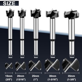 hsawbit 5PCS Forstner Drill Bit 15/20/25/30/35mm Hinge Cutter Carbide Tipped Forstner Bit for Kitchen Cupboard Hinges, Hard Wood Hole Saw Woodworking Drilling Hinge Drill Bit