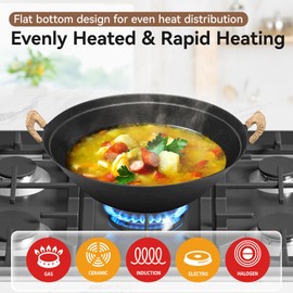 WANGYUANJI 13.4 Inch Cast Iron Wok with Wooden Lid and Iron Spatula, Flat Bottom Double-Handle Chinese Stir Fry Pan, Uncoated Cast Iron Wok for Induction, Gas and Electric Stoves