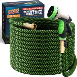 POWERFLOW PowerFlow Garden Hose, NON-EXPANDABLE 75 Feet Premium Quality Stainless Steel Metal Water Hose with Durable Fabric Skin, Hose For Commercial, Residential Use, Bonus 10-way Spray Nozzle (75 Ft, Green)