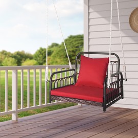 DORTALA Hanging Porch Swing, 1 Person Patio Wicker Swing Chair with Metal Frame, Cushion, Ropes & Hooks, Outdoor PE Rattan Swing Seat for Lawn Garden Backyard Balcony, Red