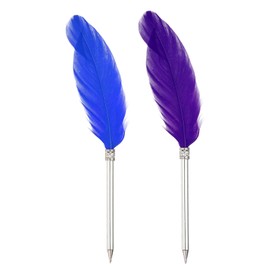 PATIKIL 1.0mm Feather Ballpoint Pens Bulk, 2Pcs Black Ink Vintage Plated Rod Quill Writing Pens for Office Wedding Guest Signature Style 2, Blue/Purple