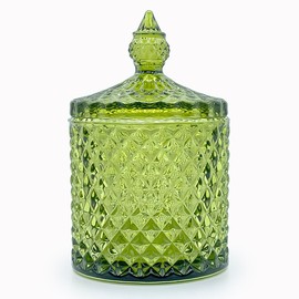 10 oz Olive Green Glass Candy Dish with Lid-Decorative Display Jar for Q-Tip Holder,Cotton Swab Storage,Bathroom Vanity Organizer,Home Office Decor