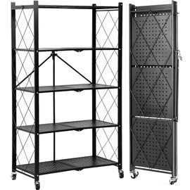 Axidou 5-Tier Foldable Duty Storage Shelves with Wheels 13.4" D x 28" W x 63" H, Freestanding Shelving No Assembly Required, for Office, Living Room, Garage