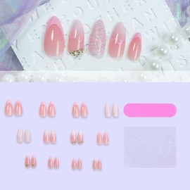 24Pcs Almond Press on Nails Heart False Nails Medium Almond Shaped Full Cover Stick on Nail Artificial Glossy Acrylic Fake Nails DIY Manicure Decoration for Women
