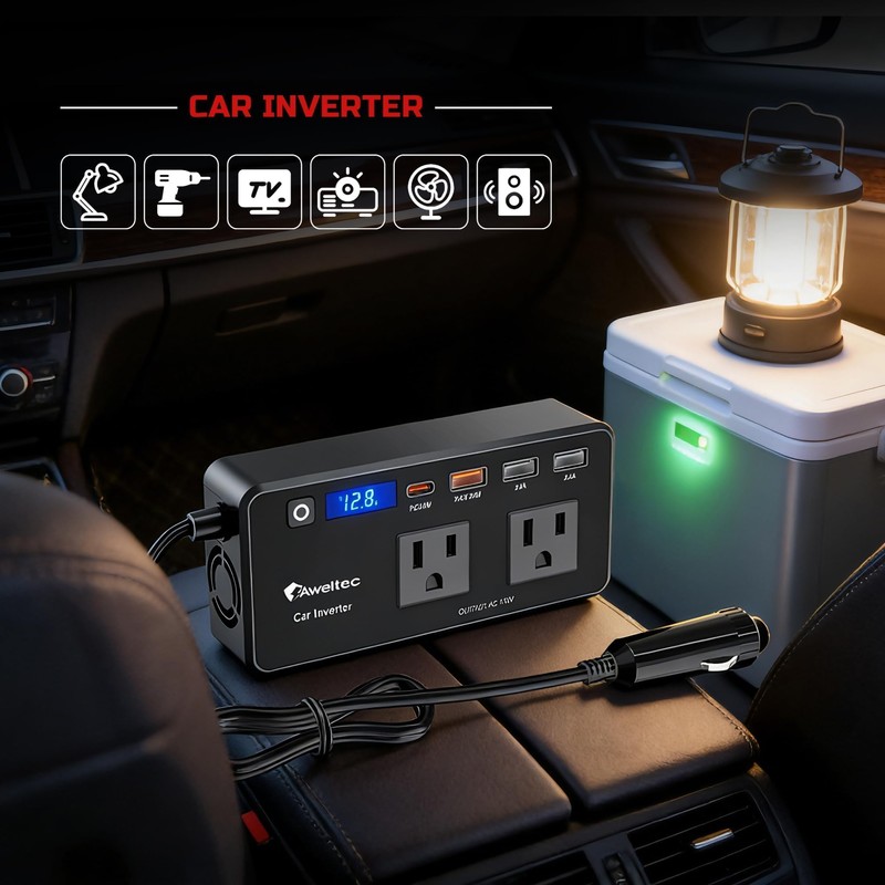 AWELTEC 200W Car Inverter 12V-110V AC Converter LED USB-C PD
