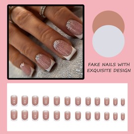 24Pc Square False Nails Short, French Nude White Press on Nails, Glossy Glitter Fake Nails with Designs, Acrylic Full Cover Stick on Nails for Women Manicure Decorations
