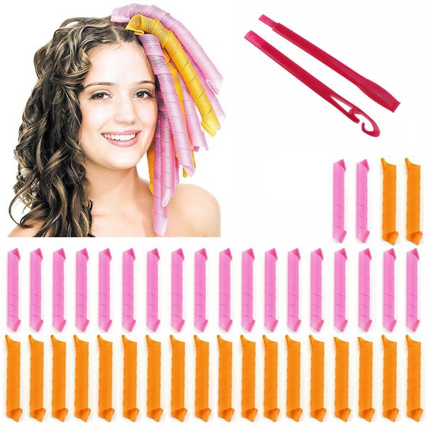 LZLRUN Super Long Magic Spiral Ringlet Curls Hair Roller Curler Styling Kit DIY No Heat Wave Formers with Styling Hooks - 40pcs & 45cm