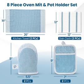 Casa Platino Silicone Oven Mitts Set, 8-Piece – 500°F Heat Resistant Mini Oven Mitt Set, Potholders for Kitchens, 2 Kitchen Towels & 2 Dish Cloths – Durable, Non-Slip & Machine Washable – Cornflower
