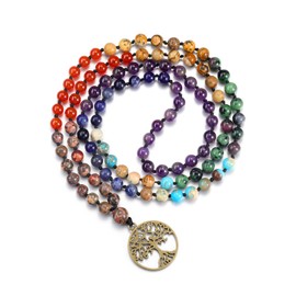 Jovivi 108 Mala Beads Necklace 7 Chakra Gemstone Mala Prayer Beaded Bracelet Life Tree Pendant Healing Stone Yoga Necklace
