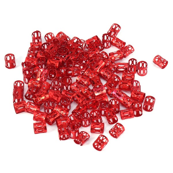 Pack of 100 Braiding Beads Metal Cuffs, Colourful Dreadlocks Beads Hair Braid Rings Clips Dread Locks, Rings Cuff Hair Decoration Braiding Filigree Tube Hair Accessories (Red)