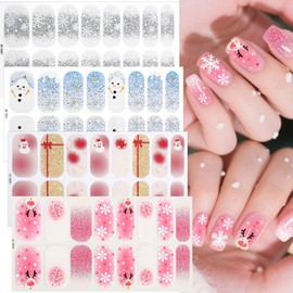 4 Sheets Christmas Gel Nail Stickers Pink Blue White Snowflakes Gel Nail Polish Strips Cute Snowmen Reindeer Nail Sticker Winter Full Wraps Glitter Christmas Stickers for Women DIY Nails Supplies