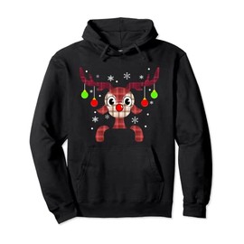 Christmas Reindeer With Christmas Lights Plaid Xmas Costume Pullover Hoodie