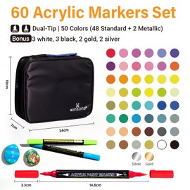 Acrylic Paint Pens, Dual Tip 60 Acrylic Markers with Brush Tip and Fine Tip, Art Supplies for Rock Painting, Wood, Canvas, Glass, Stone, DIY Crafts Drawing Kit with Bag