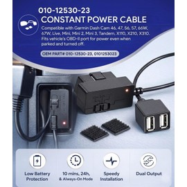 010-12530-23 Constant Power Cable for Garmin Dash Cam 46 47 56 57 66W 67W, Live, Mini, Mini 2 3, Tandem, X110, X210, X310, DashCam, Fits Vehicle's OBD-II Port for Power Even When Parked and Turned Off