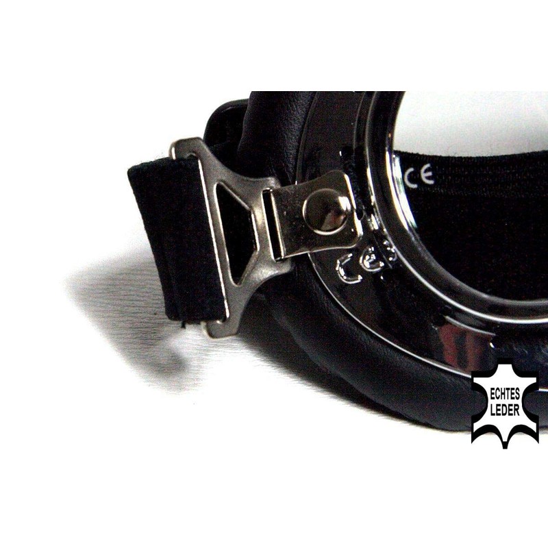 Motorradbrille schwarz klare Gläser verchromter Rahmen ECHT LEDER