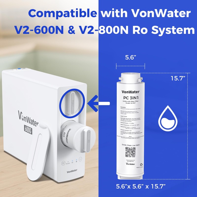 VonWater 𝐕𝟐 𝐒𝐞𝐫𝐢𝐞𝐬 PC 𝐑𝐞𝐩𝐥𝐚𝐜𝐞𝐦𝐞𝐧𝐭 Filter, for 𝐕𝟐-𝟔𝟎𝟎𝐍 𝐚𝐧𝐝 𝐕𝟐-𝟖𝟎𝟎𝐍