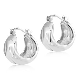 Sterling Silver Chunky Hoop Earrings for Women Hypoallergenic Silver Hammered Textured Hoop Earrings Small Chunky Silver Hoops Earrings